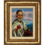 MORRIS KATZ [USA D. 2010], OIL ON MASONITE,  1961, H 11", W 8 1/2", MAN DRINKING WINE BY  SHORE: