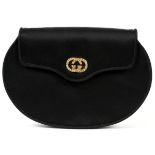 GUCCI BLACK SILK EVENING BAG, W 8 1/2": A Gucci  black silk evening bag with rhinestone logo