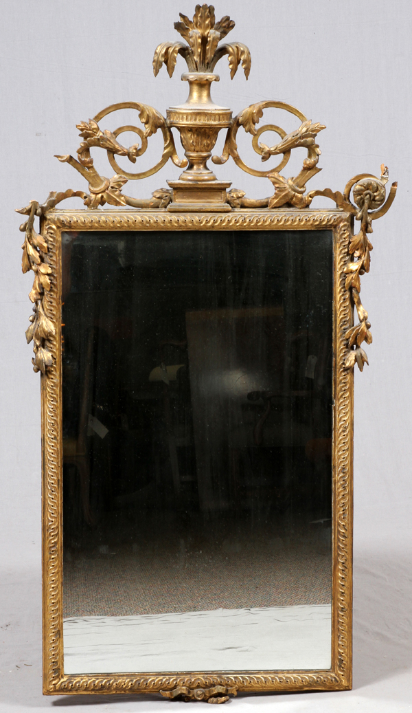 FRENCH STYLE CARVED GILT WOOD MIRROR, 20TH C., H  57" W 36": Surmounted by a central urn and