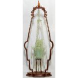 CHINESE CARVED JADE LANTERN WITHIN A WOOD FRAME, H 25", W 9 1/2" OVERALL: Light green jade carved as