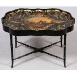 ENGLISH PAPIER MACHE TRAY TOP TABLE, MID 19TH C., H 20", L 32", D 25": Raised on bamboo style