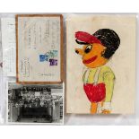 JAPANESE CHILD'S - BASEBALL DRAWING & 'LETTER', 1 H 10", W 7": Hand colored character on paper.