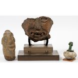 PRE-COLUMBIAN STYLE CLAY & STONE ARTIFACTS, THREE, H 3" - 5": Including one head, L. 5", one mask,