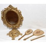 VICTORIAN GILT METAL VANITY DRESSER SET, 4 PCS: Including a one oval vanity mirror, H. 17 1/2" x