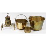 BRASS COAL SCUTTLE GROUPING, FIVE, H 4" - 10": Includes three brass coal buckets, one stand with