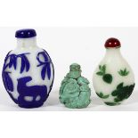 CHINESE PEKING GLASS & TURQUOISE SNUFF BOTTLES, THREE, H 2"-3 1/4": Including two Peking glass snuff
