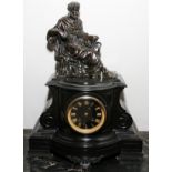 BRONZE & NOIR BELGE MARBLE MANTEL CLOCK, 19TH C., H 18", W 13": Surmounted by a bronze seated male
