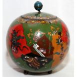 JAPANESE CLOISONNÉ COVERED JAR, LATE 19TH C., H 9 1/2", DIA 7": Globular shape with cover, on