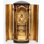 JAPANESE LACQUER & GILT SHRINE, C. 1900, H 9", W 4": Black lacquer case with a pair of doors opening