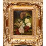 CONTEMPORARY OIL ON BOARD, 7" X 5 1/2", FLORAL STILL LIFE: Signed lower right, possibly "Jarossa",