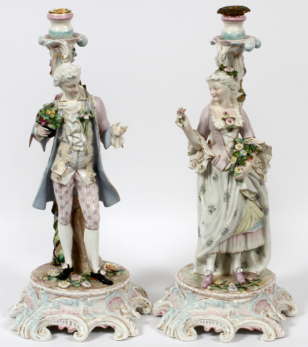 GERMAN PORCELAIN FIGURAL CANDLESTICKS, 19TH C., PAIR, H 19": A pair of single candlesticks, one with