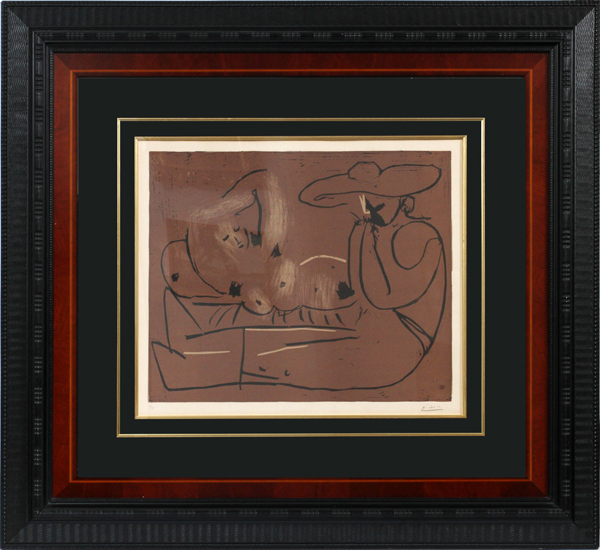 PABLO PICASSO, LINOLEUM CUT, C. 1959, H 20", W 25", "FEMME COUCHEE ET HOMME AU GRAND CHAPEAU": Pablo