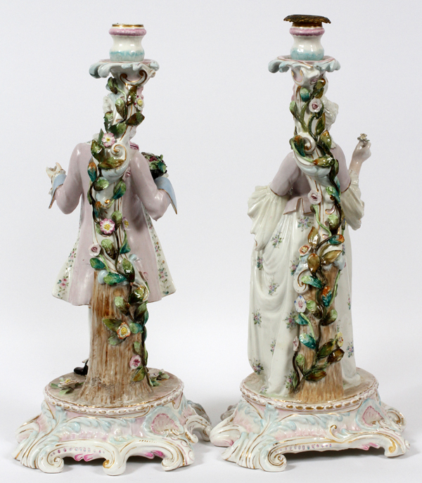 GERMAN PORCELAIN FIGURAL CANDLESTICKS, 19TH C., PAIR, H 19": A pair of single candlesticks, one with - Image 3 of 4