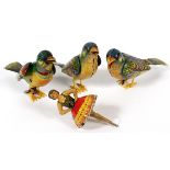 GERMAN WIND-UP BIRDS [3] & MARX BALLERINA, H 5.75": Lithographed tin toys include 1 Marx ballerina