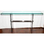 MODERN GLASS TOP & MARBLE CONSOLE TABLE, H 29", L 53", D 14": Raised on black marble legs, with a