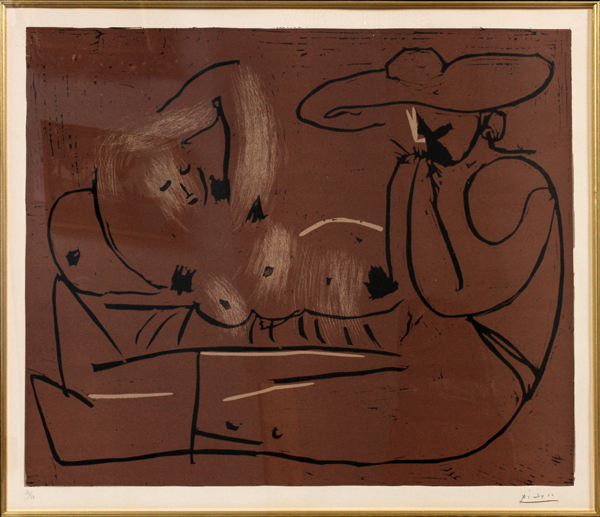 PABLO PICASSO, LINOLEUM CUT, C. 1959, H 20", W 25", "FEMME COUCHEE ET HOMME AU GRAND CHAPEAU": Pablo - Image 2 of 11