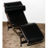 LE CORBUSIER, CHAISE LOUNGE CHAIR, MODERN, H 30", L 60": Upholstered in black leather, fitted in a