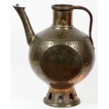 MIDDLE EASTERN COPPER EWER, H 21", W 18": Raised on a pierced foot, decorated with incised