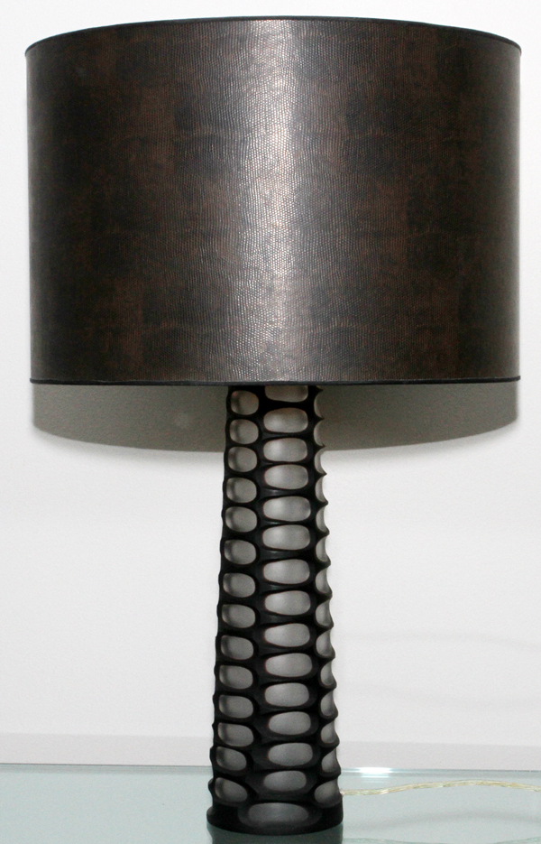 ROCHE BOBOIS ART GLASS TABLE LAMP, MODERN, H 28": A black and colorless glass table lamp.