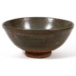 CHINESE POTTERY PEDESTAL BOWL, H 2.5" DIA 5.75": Gray in color with an irregular shaped rim.