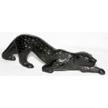 LALIQUE BLACK GLASS FIGURE OF LEOPARD, L 14": Depicted in a crouched position, signed, "Lalique,
