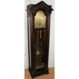 NEOCLASSICAL STYLE MAHOGANY GRANDFATHER CLOCK, H 78", W 21", D 16": Having a pediment surmounting