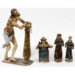 CONTINENTAL CARVED WOOD & WAX FIGURES OF CHRIST & SAINTS, FOUR, H 8 1/2"-18 1/2": Including 1 carved