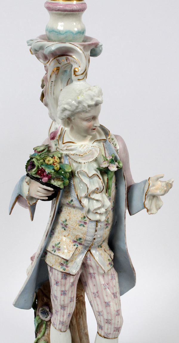 GERMAN PORCELAIN FIGURAL CANDLESTICKS, 19TH C., PAIR, H 19": A pair of single candlesticks, one with - Image 2 of 4