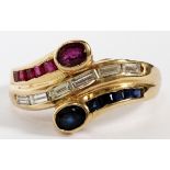 LADY'S SAPPHIRE, DIAMOND & RUBY COCKTAIL RING, SIZE 6.5: A 14kt yellow gold ring, featuring a single