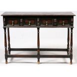 JACOBEAN STYLE OAK CONSOLE TABLE, 19TH C., H 30", W 42", D 15": Fitted with two drawers, and tear