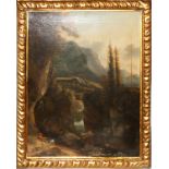 ITALIAN SCHOOL OIL ON CANVAS, LATE 19TH C., H 26" W 20", MOUNTAIN LANDSCAPE: Illegibly marked at the