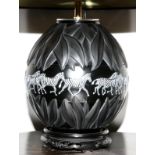 LALIQUE 'TANZANIA NOIR' GLASS VASE MOUNTED AS A LAMP, H 8": A globular form black glass vase mounted