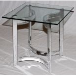 MODERN GLASS TOP & STEEL SQUARE TABLE, H 21", W 20", D 20": A square glass top raised on a