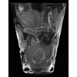 LALIQUE 'ISPAHAN ROSE' CLEAR & FROSTED GLASS VASE, H 9", DIA 7 1/2": Round with tapering sides