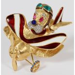 18 KT GOLD, ENAMEL, SAPPHIRE AND DIAMOND PIN, PLANE: depicts dog with red ruby eyes, diamond about