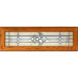 LEADED GLASS FRAMED PANEL, H 36", L 8": Having diamond patterns and central fleur de lis. Oak frame,