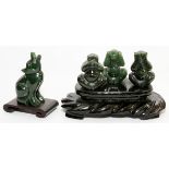 HARD STONE FIGURES, FOUR, H 3 1/2" & 2": Including 1 bloodstone, or jasper, figure of a howling