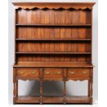 WALNUT WELSH CUPBOARD, H 89", W 72", D 19": In two sections featuring a lower section with an open
