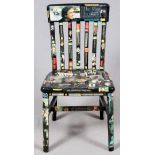 DENNIS GAMBLE, JOHNNY CASH, DECOUPAGE SIDE CHAIR, H 33", W 18", D 17": Signed on underside.