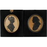 OVAL INK SILHOUETTES IN BLACK, 19TH C., PAIR, H 3 1/4", W 2 1/2", MAN & WOMAN: One marked "Susanna