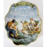 MAJOLICA POTTERY SHELL SHAPE DISH, H 2 1/2" W 9 3/4" L 8": Decorated with Venus riding on a shell