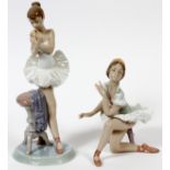 LLADRO PORCELAIN FIGURES OF BALLERINAS, TWO, H 6 1/2" & 10": Including "Curtains Up", #6325, and "