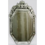VENETIAN ETCHED GLASS MIRROR, 51" X 31": Octagonal foliate etched frame with an acanthus leaf crest.