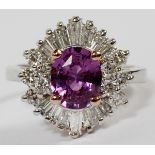1.34CT PURPLE PINK SAPPHIRE & DIAMOND RING, SIZE 6, GIA: An 18kt white gold lady's cocktail ring,