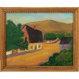 AUGUST GAY OIL ON BOARD, H 8", L 10", SUMMER RURAL LANDSCAPE: August Gay [American, 1890-1949]. A