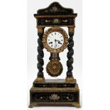 FRENCH BLACK LACQUER & GILT METAL PILLAR MANTEL CLOCK, 19TH C., H 20 1/2", W 9": Mounted with gilt