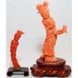 CHINESE RED & ANGEL SKIN CORAL FIGURES, TWO, H 3 1/4" & 5 1/4": Including 1 red coral and 1 angel