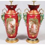 PARIS PORCELAIN HANDLED URNS, 19TH C., PAIR, H 23", MOUNTED AS LAMPS: Includes a pair of crimson