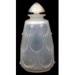 RENE LALIQUE 'PERLES' OPALESCENT GLASS PERFUME BOTTLE, H 8": Round form with flaring sides adorned