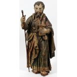SPANISH CARVED WOOD & POLYCHROME FIGURE OF ST. FRANCIS, 19TH C., H 32", W 13": Depicted carrying a